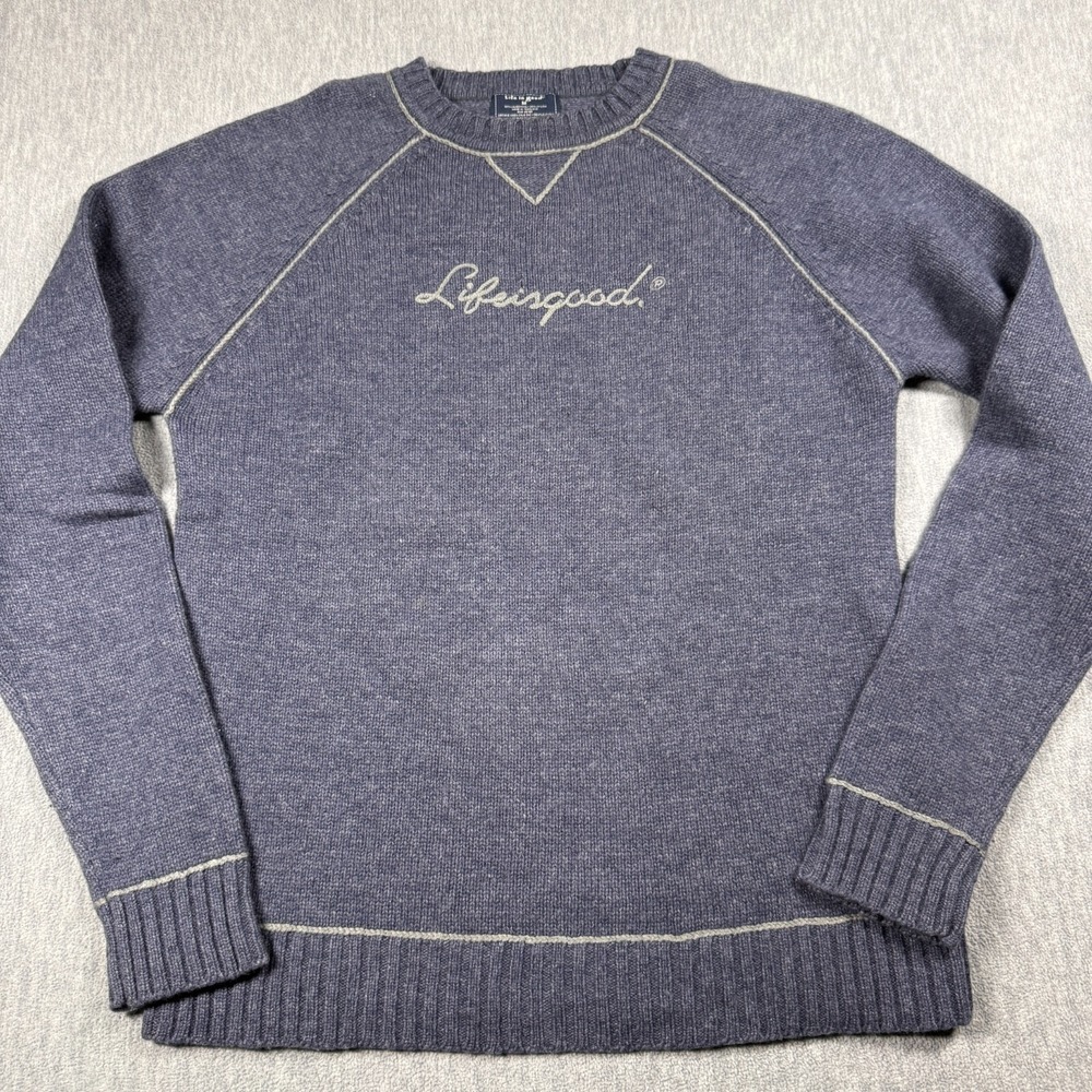 Life is Good Sweater Men M Blue Long Sleeve Lambswool Blend Knit Crew Neck Pullo